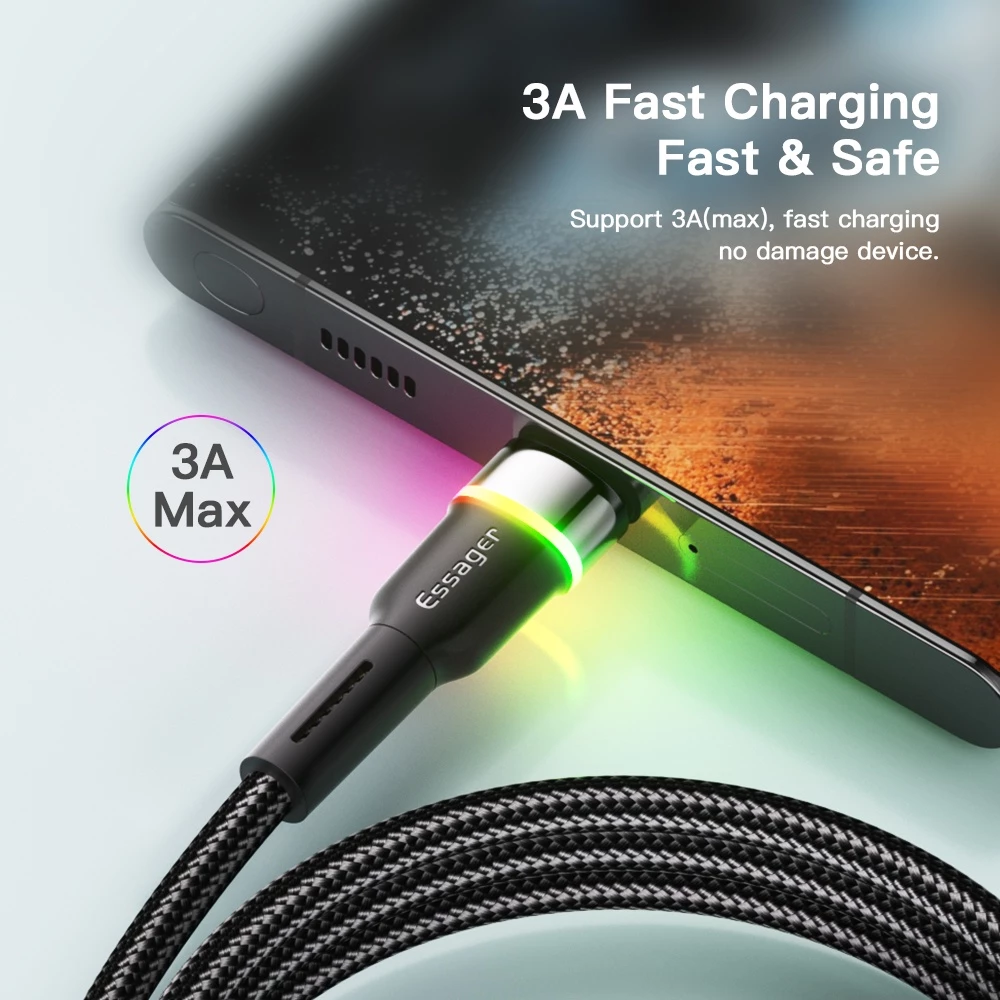 Essager 3A Usb to Type c kabel data lampu pelangi FCP, QC2.0 kabel pengisian cepat 0.5m-3m