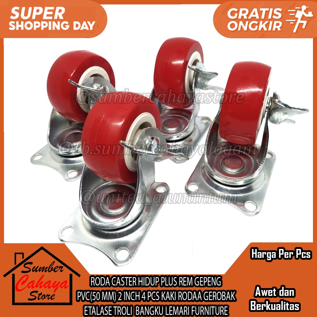 Jual Roda Caster Hidup Tanpa Rem Gepeng Pvc Merah Plat Pelat Bisa Putar Mm Inch Pcs