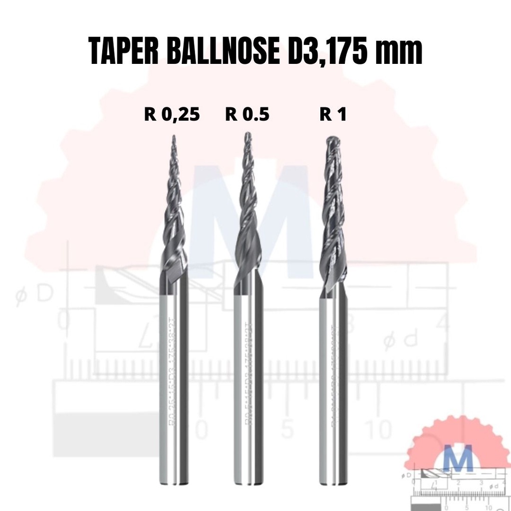 Jual Taper Ball Nose Endmill 2F shank 3.175mm R0.25 - R1 Ballnose taper ...