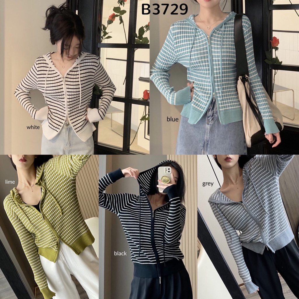 Jual B3729 Double Zipper Stripe Knit Hoodie Jacket Shopee Indonesia