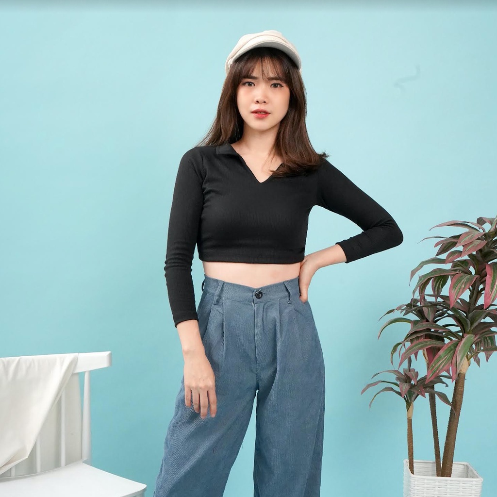 Jual OROY Crop Top Kerah Lengan Panjang Korea Rajut Lengan Panjang ...