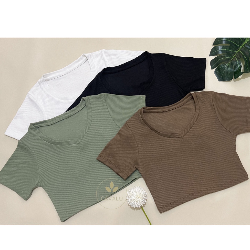 Jual CAVALU Korean V-Neck Knit Crop Top Korea Kaos Rajut 143 | Shopee ...