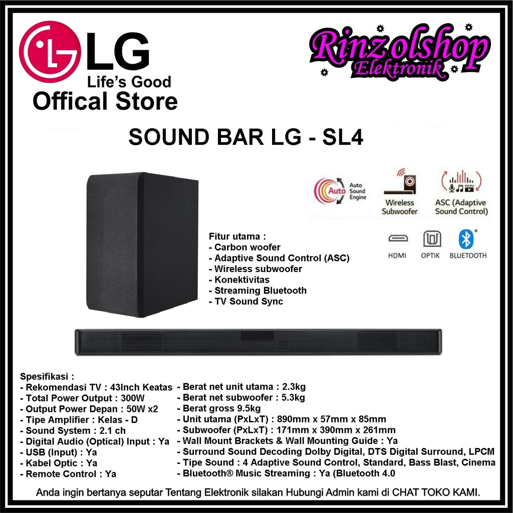 Jual SOUNDBAR LG SL4 WIRELESS SUBWOOFER BLUETOOTH 2.1CH 330 WATT