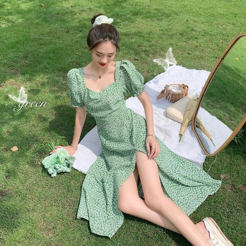 D117 Green Dress Korean vintage Dress Import Gaun wanita pastel motif bunga murah bergaya Korea kekinian impor