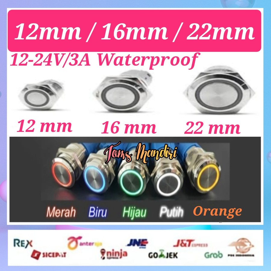 Jual Saklar On Off LED Stainless Push Button Switch 12/16/22MM 3A 12 ...