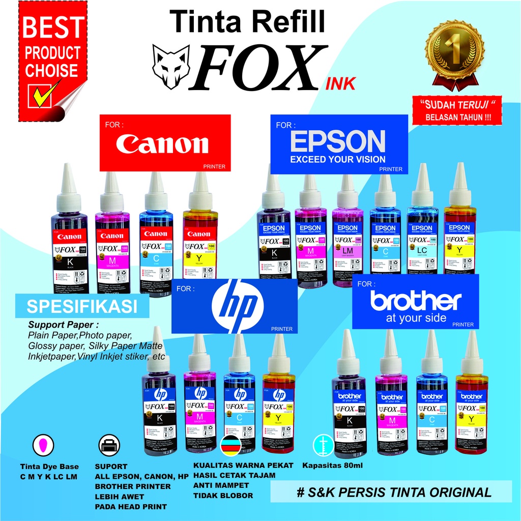Jual TINTA FOX INK ORIGINAL FOR EPSON CANON HP BROTHER PRINTER | Shopee ...