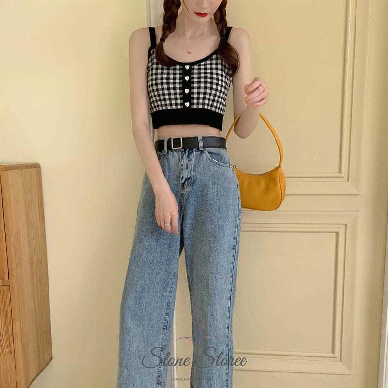 Jual Korean Square Knit Crop Tank Top Wanita Motif Kotak-Kotak ...