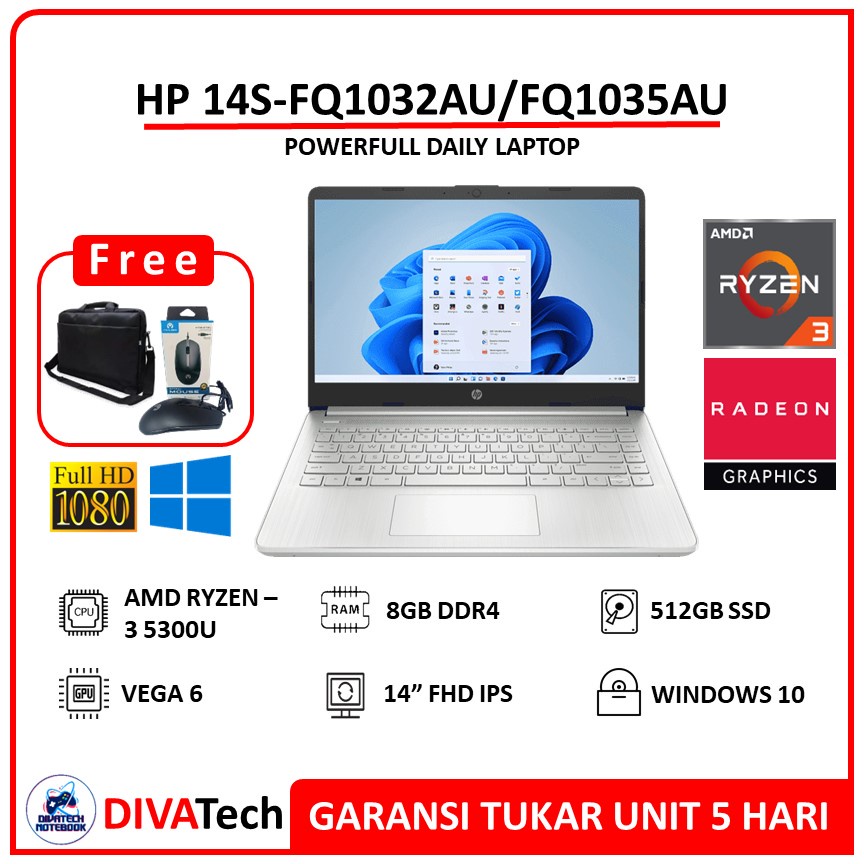 Jual Laptop Hp 14s Fq1032aufq1035au Ryzen 3 5300u 8gb 512gb Ssd Fhd Ips W11 Laptop Hp 3016