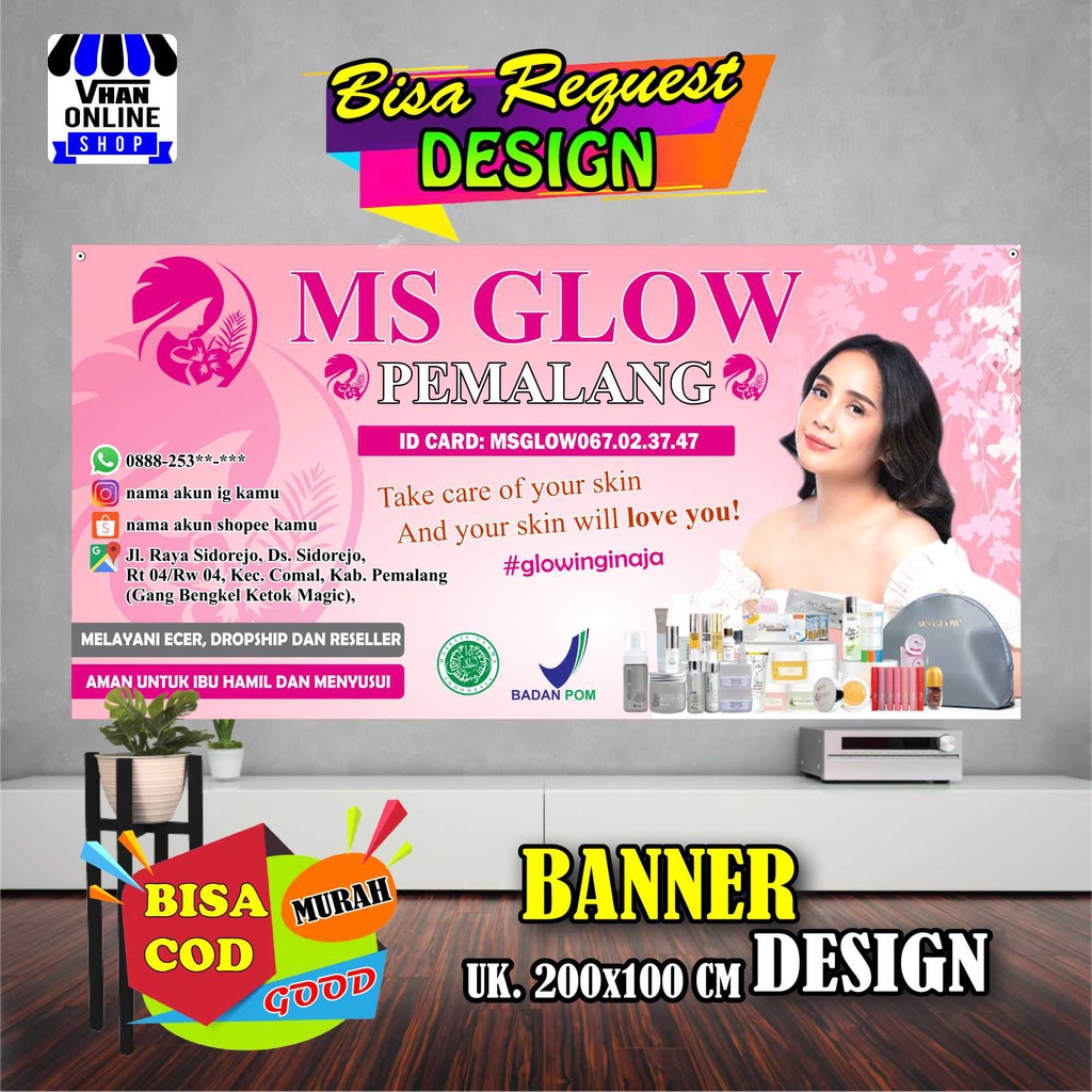 Jual Spanduk Banner Jualan Produk Ms Glow, Skincare Ms Glow Cantik 