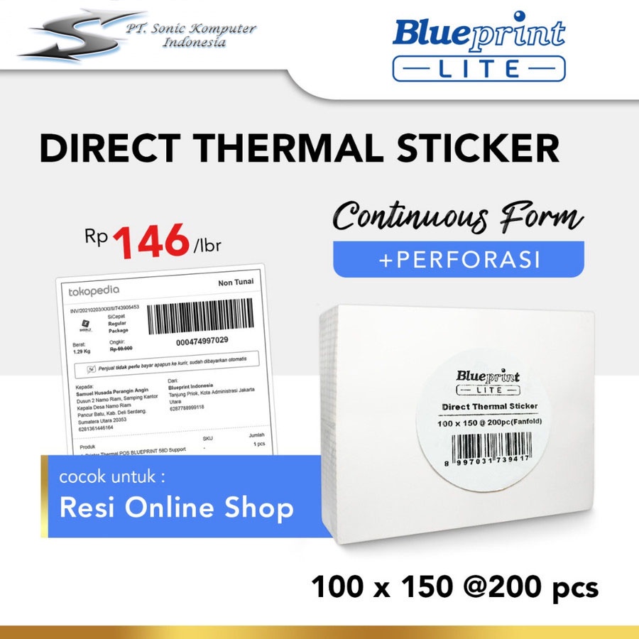 Jual Direct Thermal Sticker Label RESI LITE BLUEPRINT CF 100x150 mm