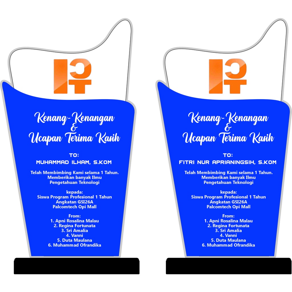 Jual PLAKAT/VANDEL/TROPHY/HADIAH AKRILIK 5MM UCAPAN TERIMA KASIH/KENANG