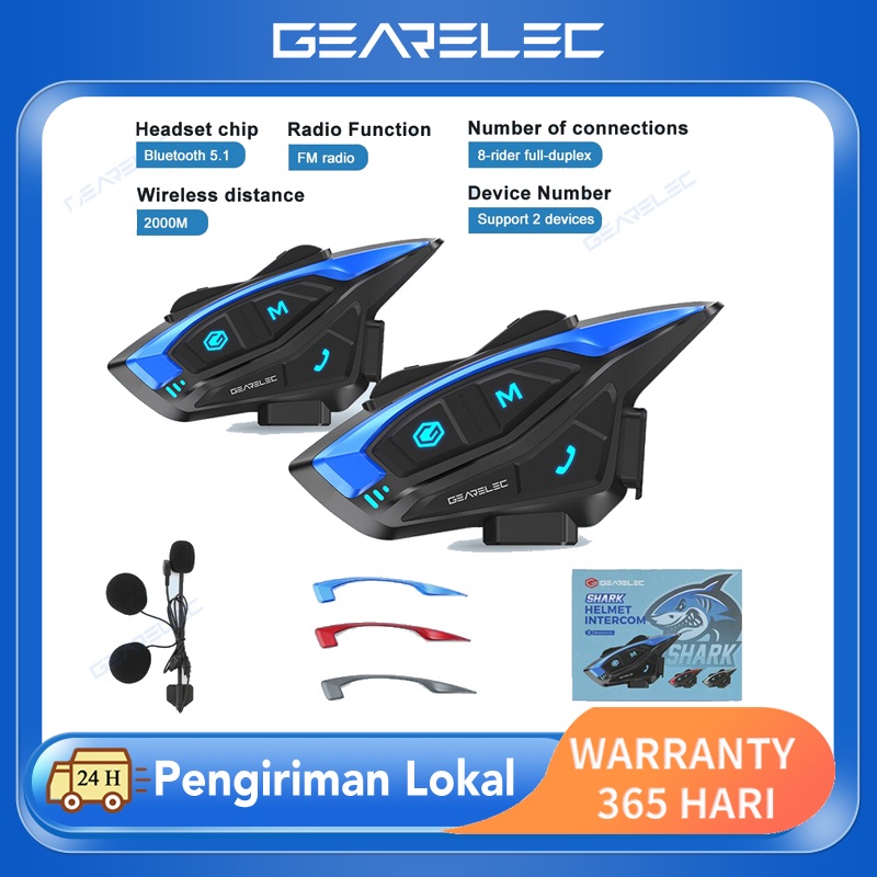 Jual Intercom Gearelec Shark Pro Sepeda Motor Bluetooth Intercom Headset Pengendara Helm