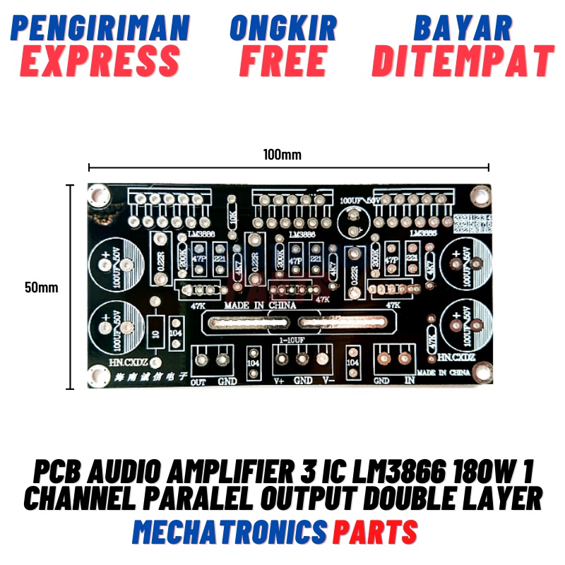 Jual PCB Audio Amplifier 3 IC LM3866 180W 1 Channel Paralel Output