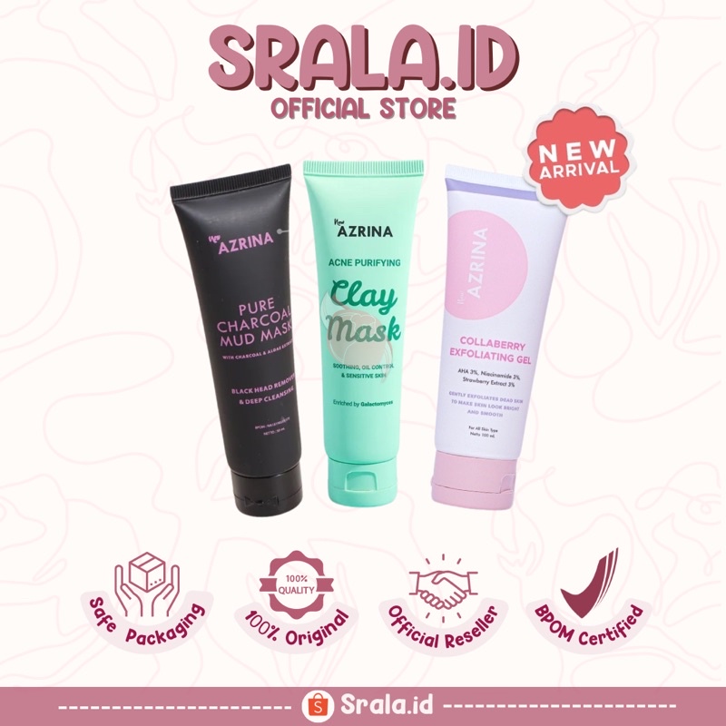 Jual AZRINA PURE CHARCOAL MUD, CLAY MASK dan COLLABERRY EXFOLIATING GEL ...