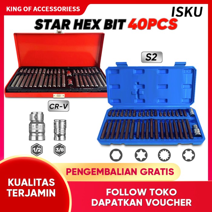 Jual Mato Isku Power Bit Set/Star Hex Spline Bit Set 40Pc 1/2 3/8 Bahan ...