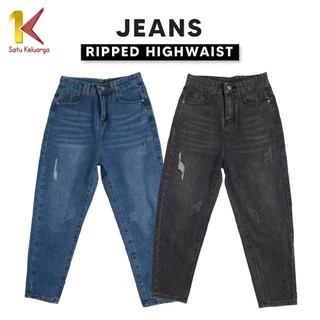1K Boyfriend Ripped Jeans High Waist Wanita Celana Panjang Longgar P526 Jins HW Loose Jeans Sobek Kekinian Denim Pants