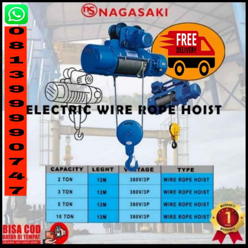 Jual electric wire rope 5 ton 12 meter 380v/3phase nagasaki japan ...