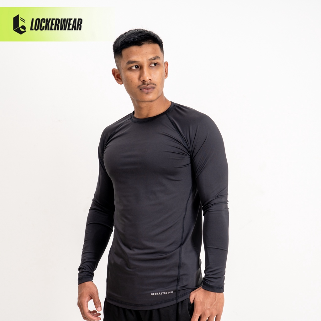 Jual Baselayer Manset Lengan Panjang Olahraga Pria Kaos Long Sleeve Hitam Polos Rash Guard