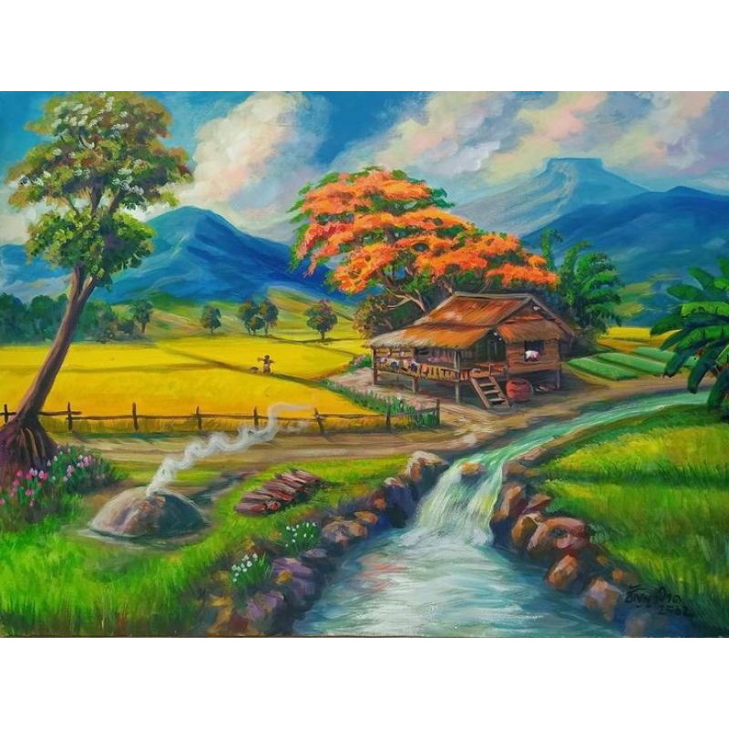 Jual hiasan dinding gambar pemandangan desa indah plus bingkai | Shopee