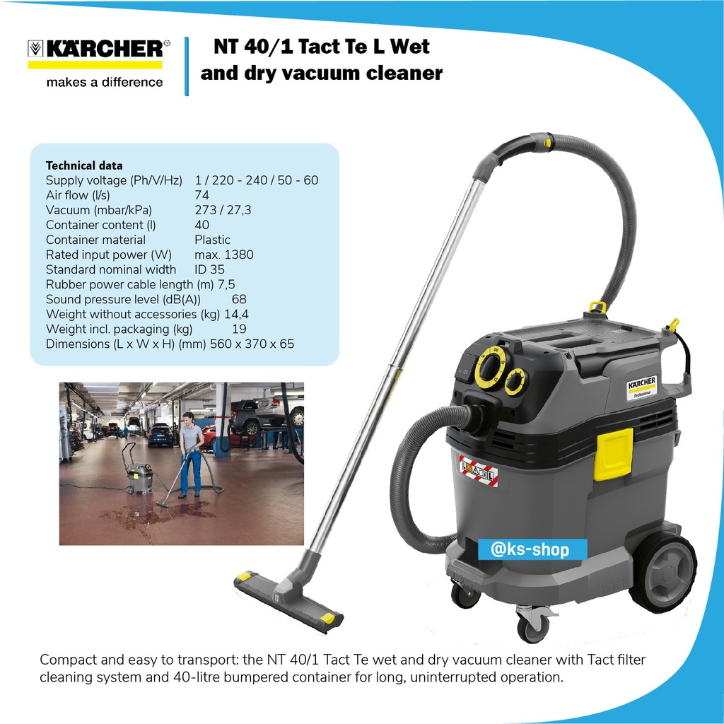 Jual Karcher Wet & Dry Vacuum Cleaner NT 40/1 Tact Te L Tanki 40L 1380
