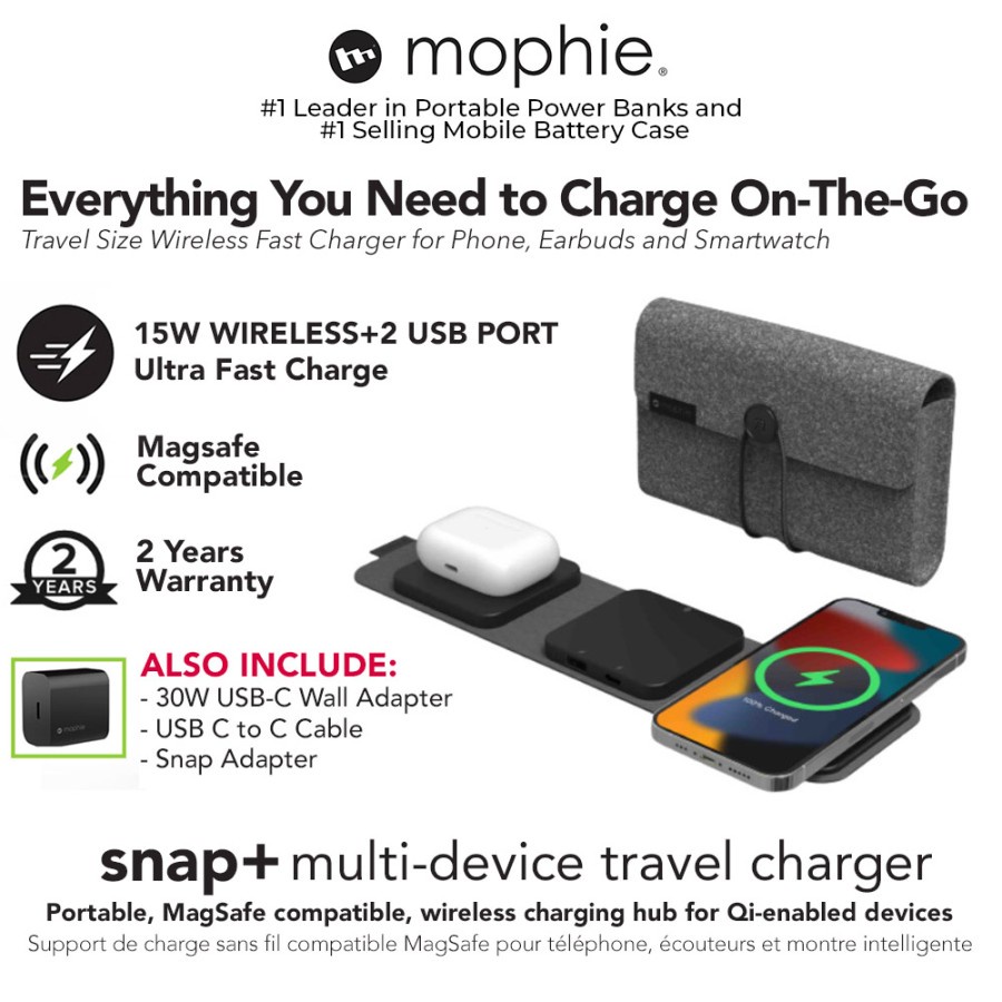 in Magsafe Wireless Fast Charger Mophie Snap+ Multi Device Travel 15W