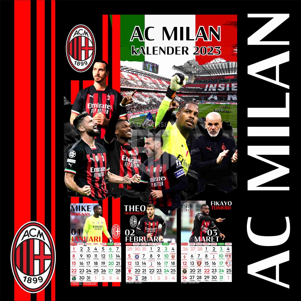 Jual Kalender dinding AC Milan 2023 bola AC Milan Liga Italia Aesthetic