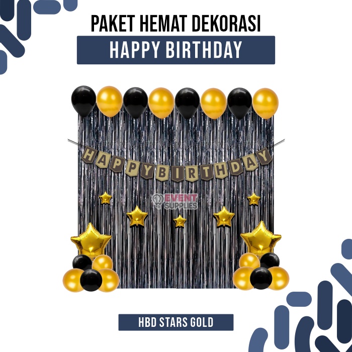 Jual Paket Kombo Dekorasi Happy Birthday Foil Star Party BlackGold