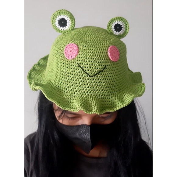 Jual Crochet frog hat bucket /topi kodok/topi kodok rajut/frog hat ...