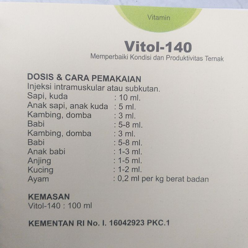 Jual Vitol-140 Memperbaiki kondisi dan produktivitas ternak 100 ml ...