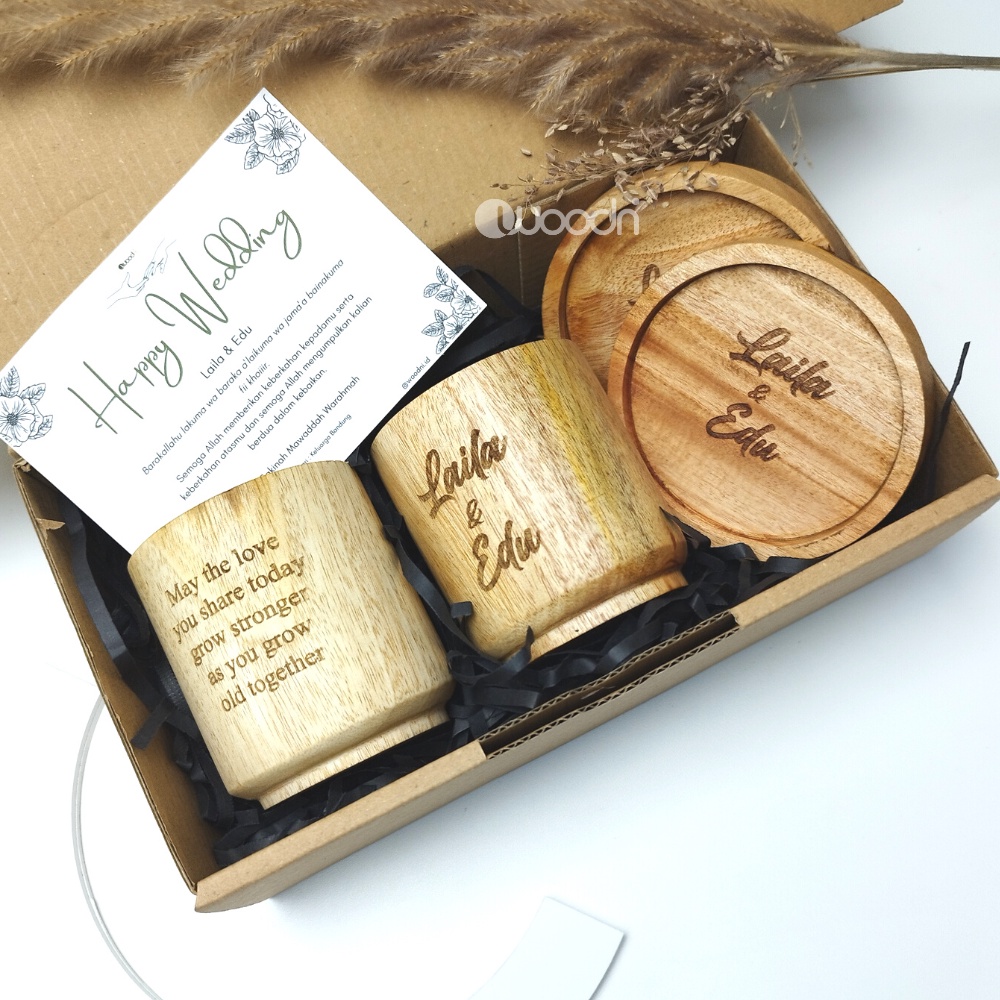 Jual Hampers Gelas Kayu Mahoni Grafir Laser Set Kopi Teh Aesthetic T