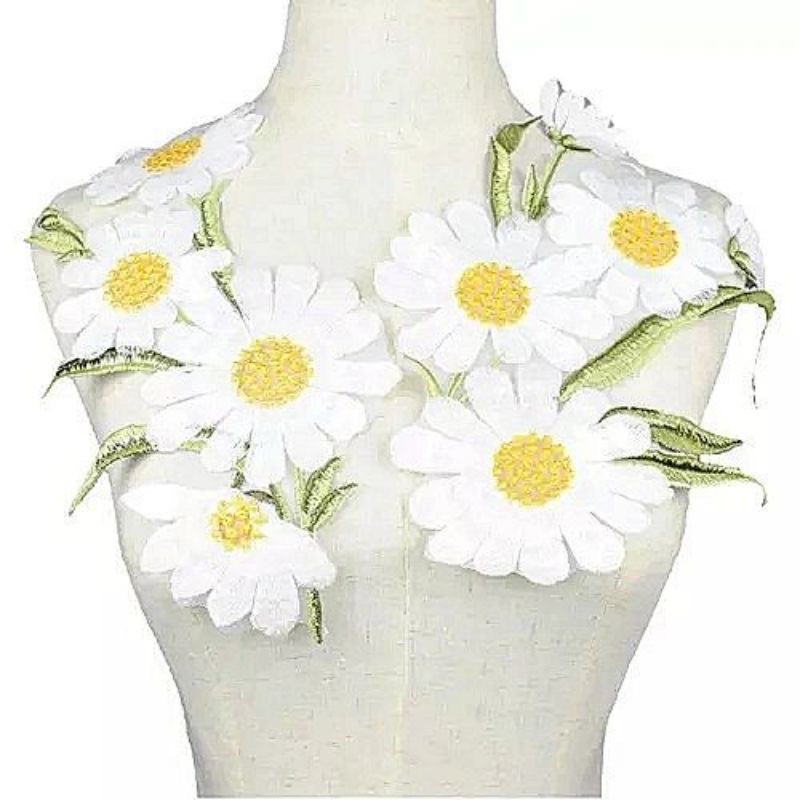 Jual Aplikasi Bordir Bunga, White Daisy Floral Flowers Embroidery ...