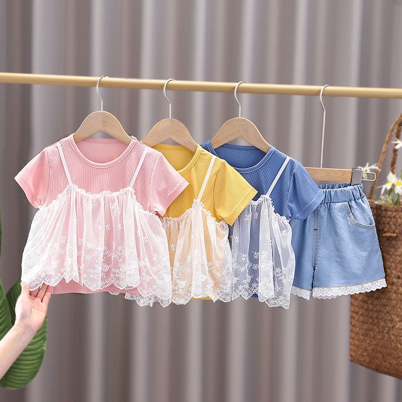 Jual Setelan Lengan Pendek Renda Gaya Korea Baru Untuk Anak Perempuan