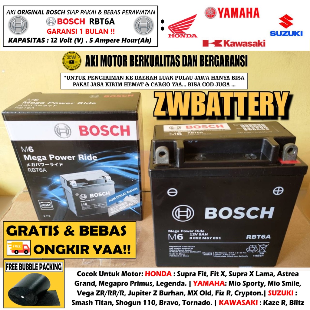 Jual AKI MOTOR SUPRA FIT, FIT X, MEGAPRO PRIMUS, LEGENDA RBT6A BOSCH