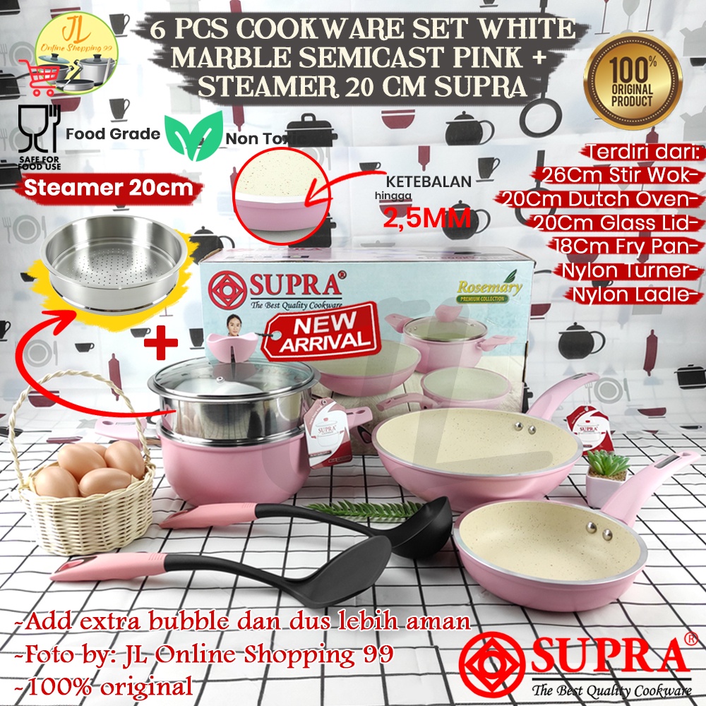 Jual SUPRA Panci set 6pcs white marble Pink + steamer / cookware set ...