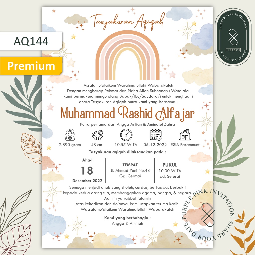 Jual undangan digital aqiqah tasmiyah code aq144 softfile tema boho