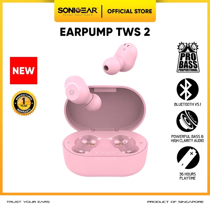 Earphone Bluetooth Sonicgear Earpump TWS Earbuds Wireless Warna Pink