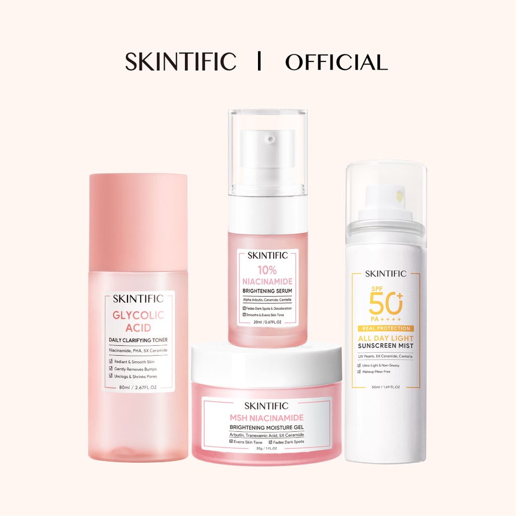 SKINTIFIC Skincare Glowing Set 4 PCS Niacinamide Moisturizer + Brightening Serum + Glycolic Acid Toner + Sunscreen Spray