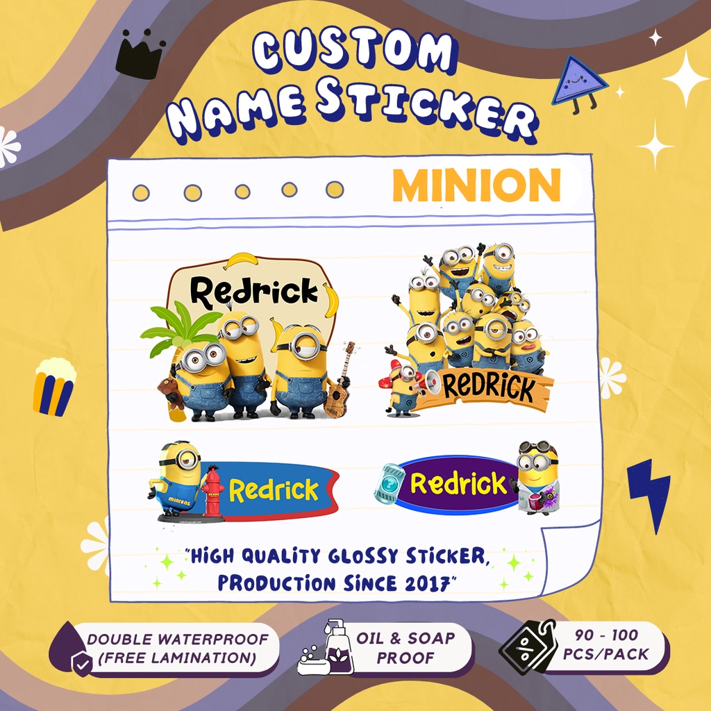 Jual 90pcs WATERPROOF STICKER LABEL NAMA ANAK COWO KARAKTER MINION ...