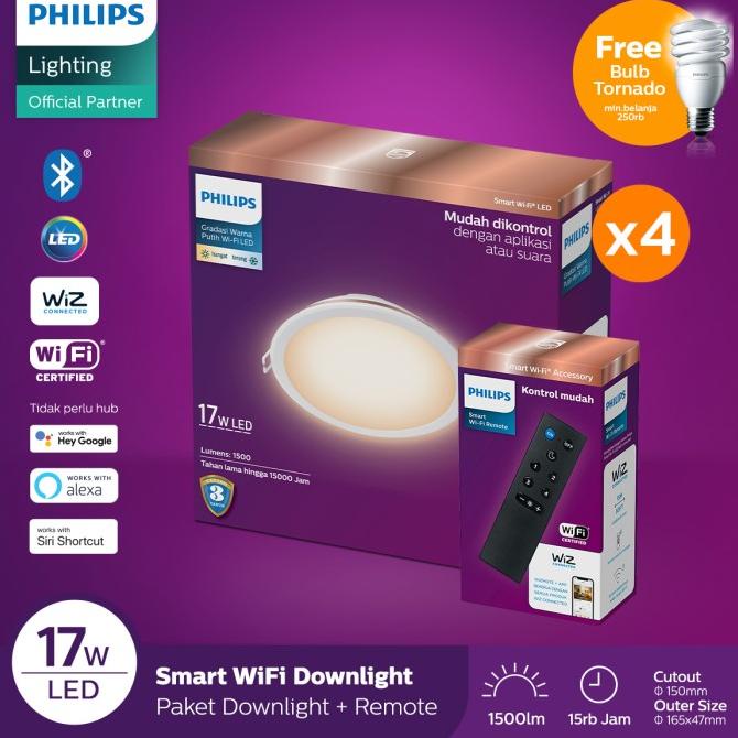 Jual Philips 4x Smart Wifi LED Downlight 17W Putih - Free Remote ...