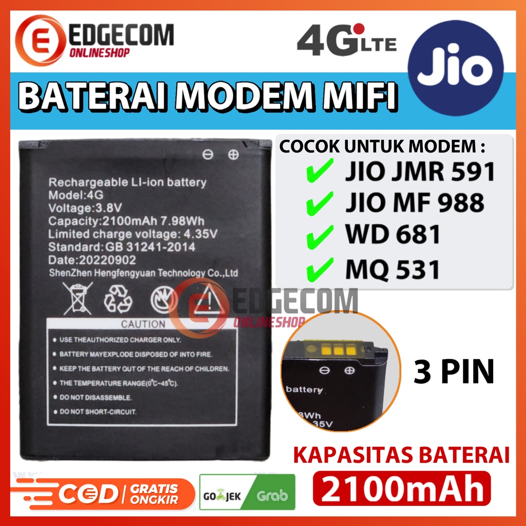 Jual Baterai / Battery Modem MiFi 4G JIO , MQ 531 , TELKOMSEL WD