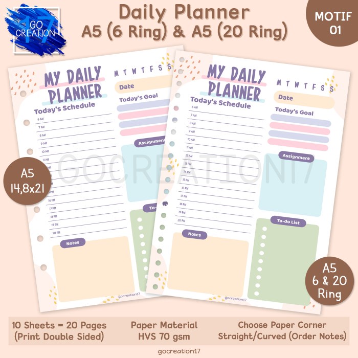 Jual Kertas Kertas Isi Binder Daily Planner A5 6 Ring A5 20 Ring