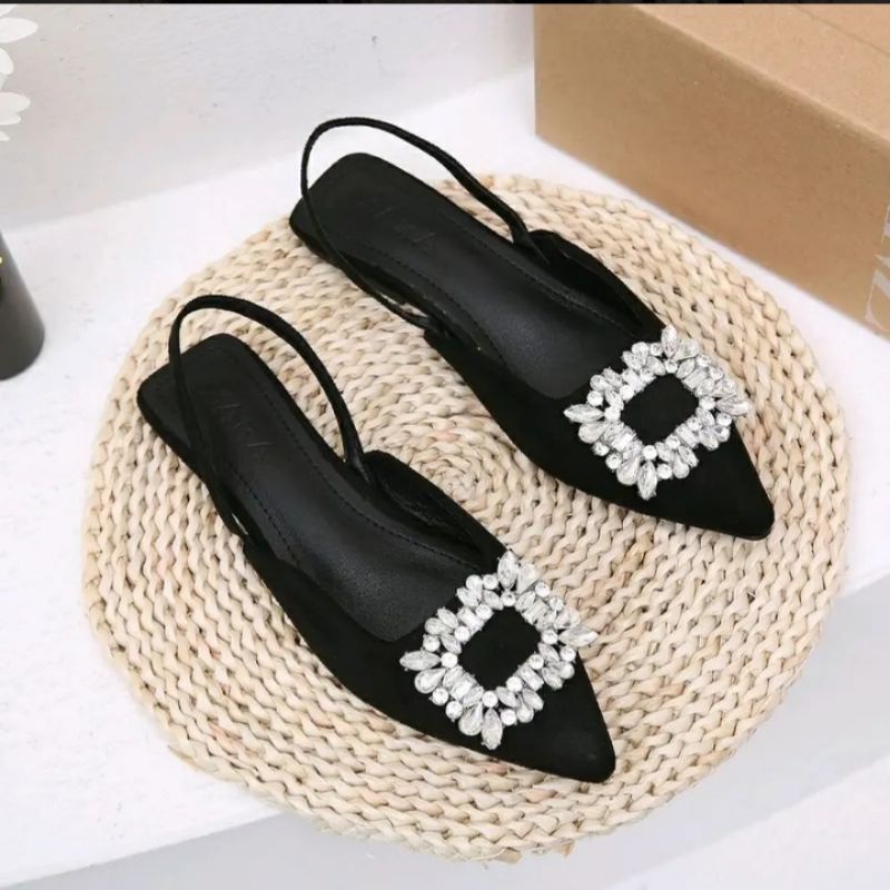 Jual Sandal Flat ZR Tali Belakang Wedding shoes hak 2cm Mules Wanita