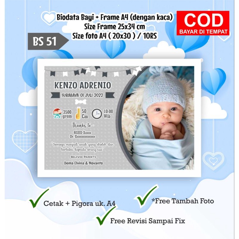 Jual Biodata Bayi BS51 cetak+Frame A4 10RS Full. FREE PACKING | Shopee ...