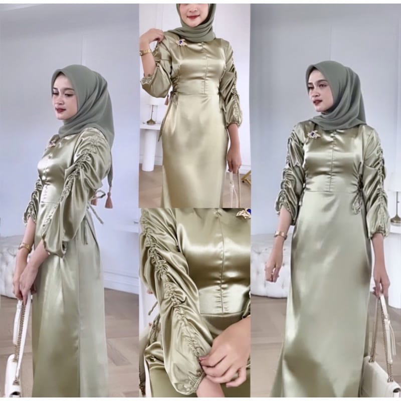 Jual Belle Gamis Satin Serut Tangan Dress Satin Baju Dewasa Murah