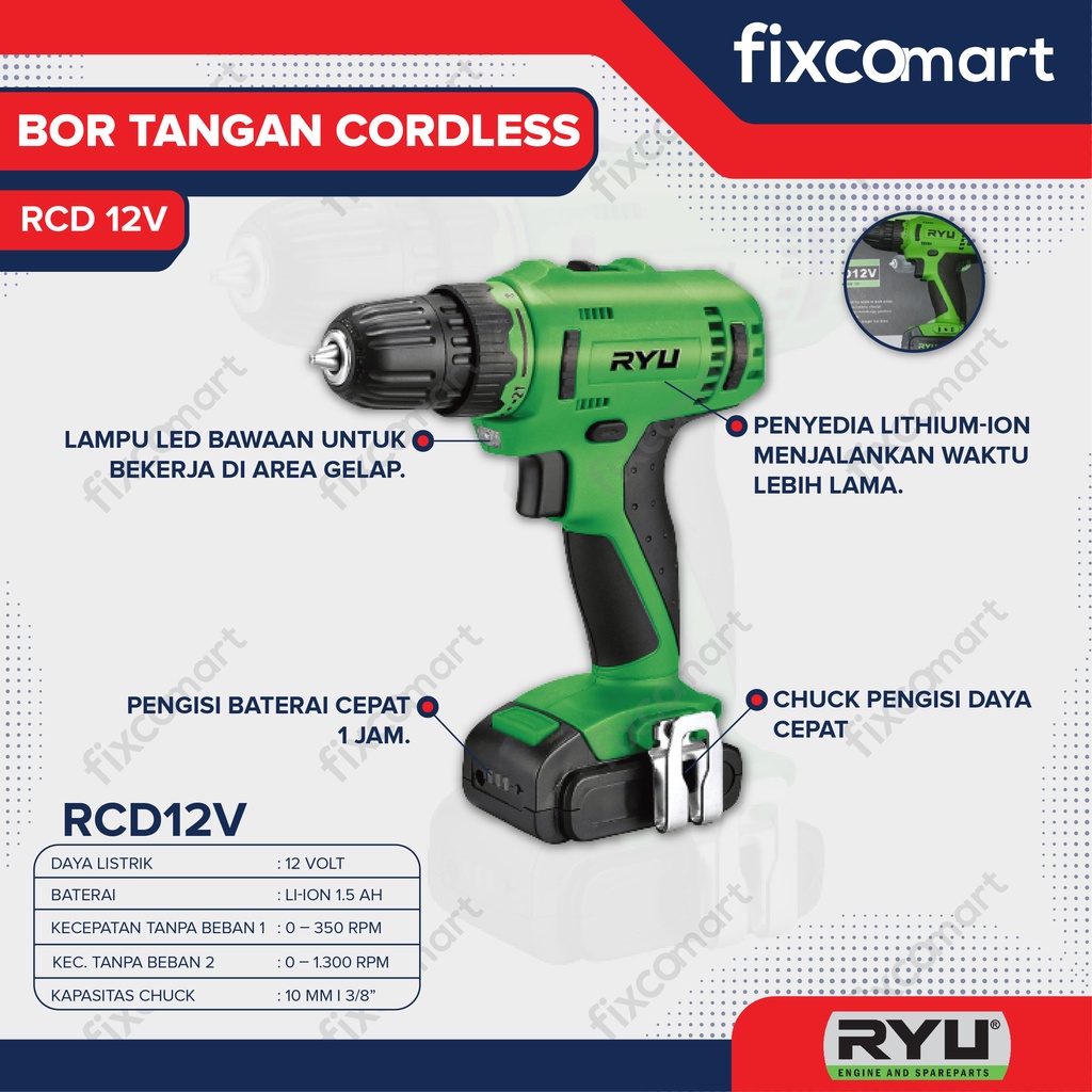Jual Ryu Mesin Bor Cordless Rcd 12V / Mesin Bor Batrai | Shopee Indonesia