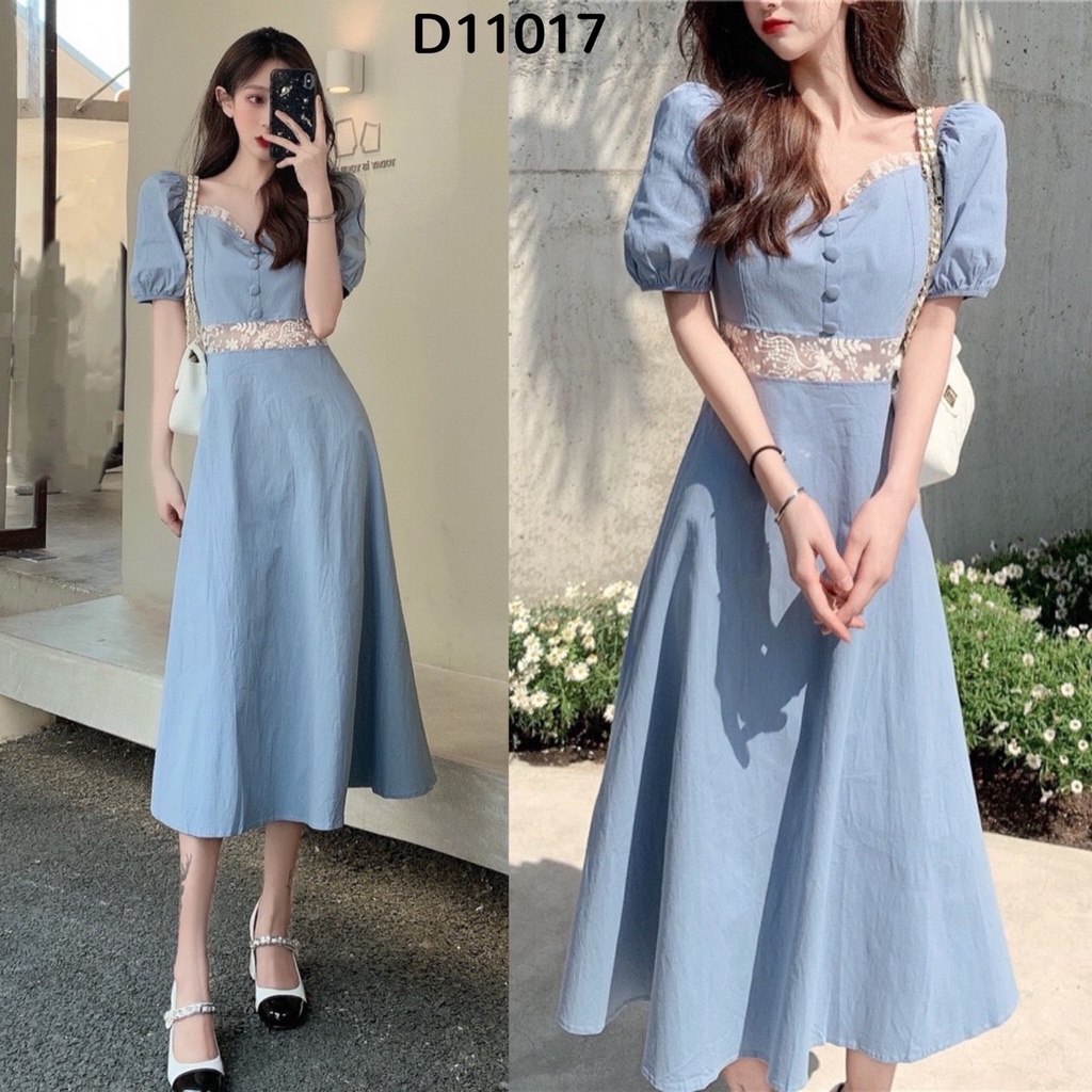 Jual [FG] Ella Blue Dress w/ Lace Waist D11017 Shopee Indonesia