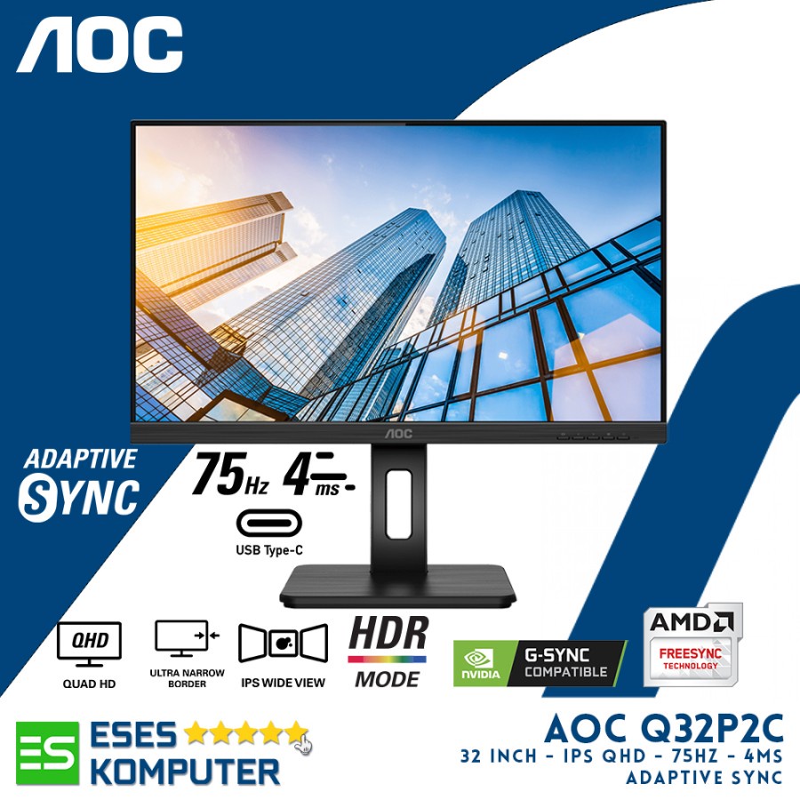 Jual Monitor AOC Q32P2C 32 Inch QHD 75Hz 4ms IPS HDR Adaptive Sync ...