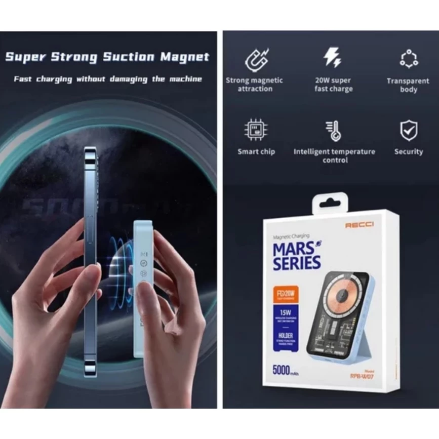 RECCI RPB-W07 MARS SERIES 5000mAh Powerbank PD 20W Wireless Charge 15W Magnetic Charging