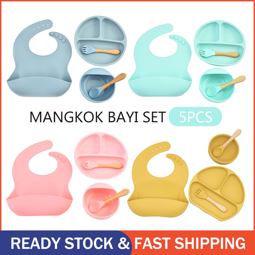 Jual 5 Pcs Alat Makan Set Silikon / Mangkok Bayi Anak / Baby Bibs ...