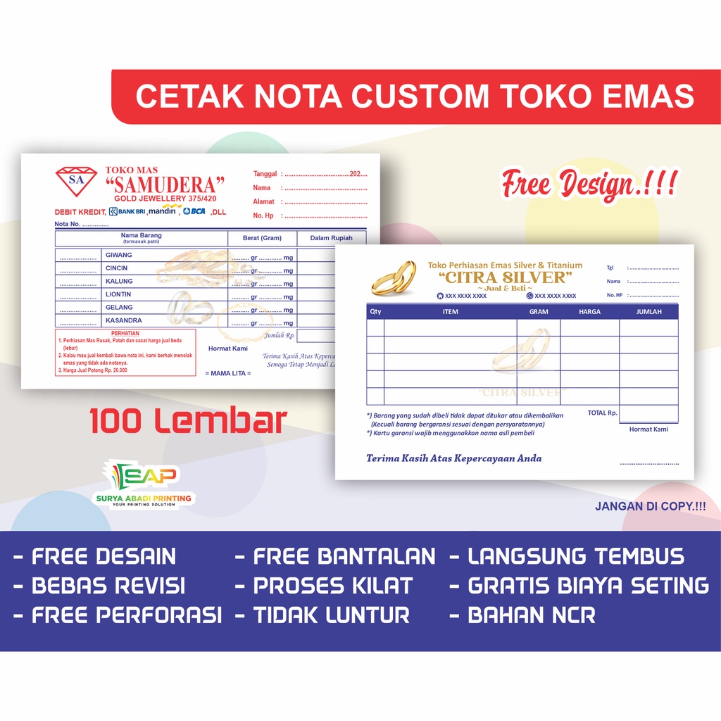 Jual Cetak Nota Custom Nota Toko Emas Toko Perhiasan Ukuran Folio Rangkap Rangkap